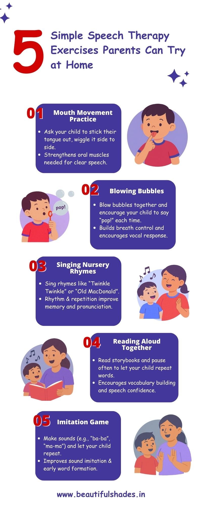5-simple-speech-therapy-exercises-parents-can-try-at-home-infographic Infographic showing 5 simple speech therapy exercises parents can try at home for kids with speech delays, including mouth movement, bubbles, rhymes, reading, and imitation.